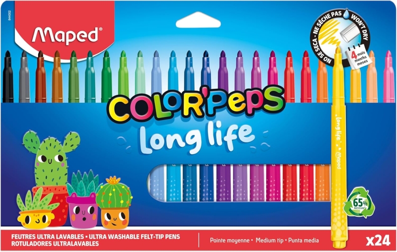 Maped Color`Peps Longlife Pack de 24 Rotuladores con Punta Media Bloqueada 3.7mm - Tinta Lavable - Colores Surtidos