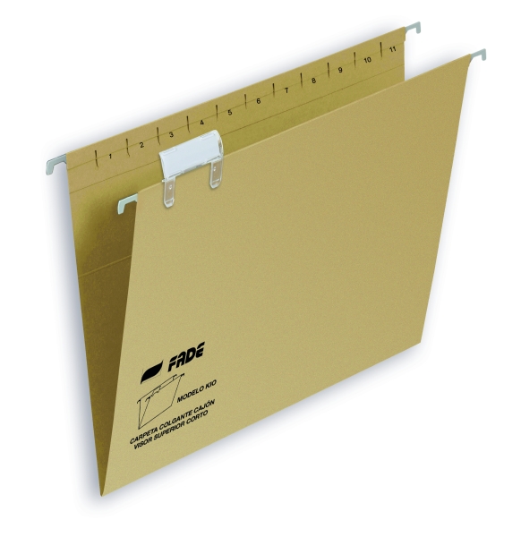 Fade Kio Carpeta Colgante - Formato Folio - Lomo en V - Visor con Efecto Lupa - Varilla Metalica - Certificado Ecologico Blue Angel - Color Marron · Pack de 50 uds.