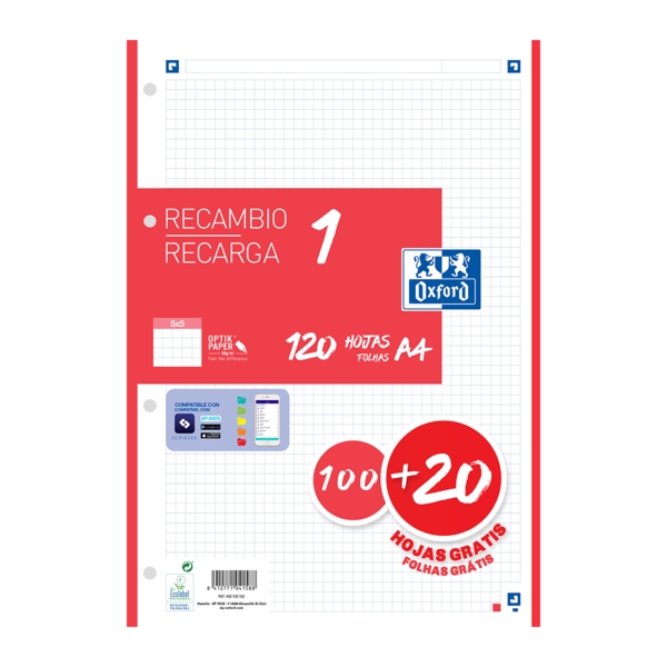 Oxford School Recambio A4 120 Hojas Cuadricula 5x5mm - 4 Taladros - Banda de Color Rojo