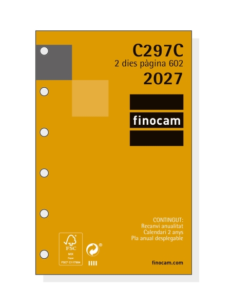 Finocam C297C Recambio para Agenda Classic en Catalan - Anual 2027 - 2 Dias por Pagina - Formato 602 - 73x114mm - 6 Taladros - Papel de 70g/m2 - Esquinas Microperforadas - Color Blanco