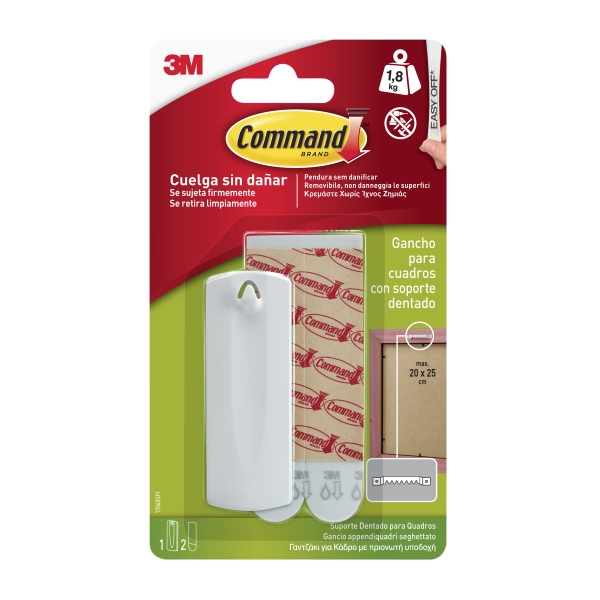 Command Gancho para Cuadros - 2 Tiras Adhesivas - Soporta hasta 1.8kg - Especial Cuadros con Soporte Dentado - Color Blanco
