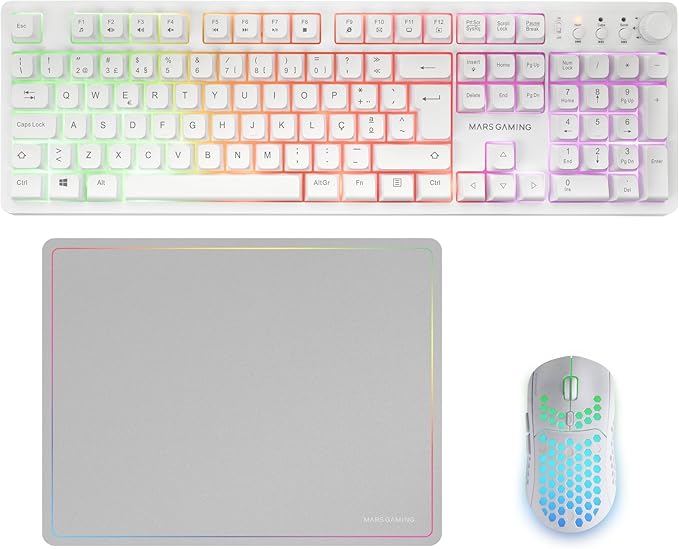 Mars Gaming MCPWX Combo Pack Gaming 3en1 - Teclado Hibrido H-Mech - Disposicion Italiana QWERTY IT - Raton 3200dpi - Switches HUANO - Color Blanco