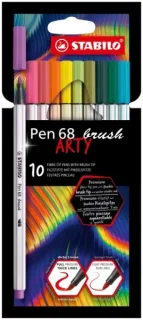 Stabilo Pen 68 Brush Arty Pack de 10 Rotuladores - Punta de Pincel - Tinta a Base de Agua - Colores Surtidos