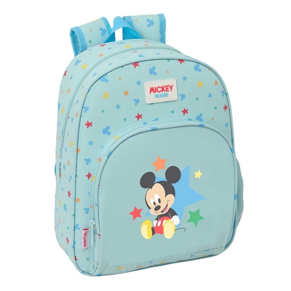 Safta Mickey Mouse Baby Mochila Infantil - Portabotellas - Bolsillo Frontal - Asa de Mano - Adaptable a Carro - Hombreras Acolchadas - 28x34x10cm - Color Azul Pastel