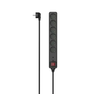 Hama Regleta Alimentacion con 6 Tomas - Potencia Maxima 3680W - Voltaje 250V - Cable 1.4m - Interruptor de Encendido - Enchufe Schuko en Angulo - 4.7x4x35.7cm - Color Negro