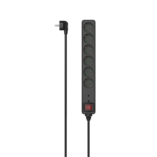 Hama Regleta Alimentacion con 6 Tomas - Potencia Maxima 3680W - Voltaje 250V - Cable 1.4m - Interruptor de Encendido - Enchufe Schuko en Angulo - 4.7x4x35.7cm - Color Negro