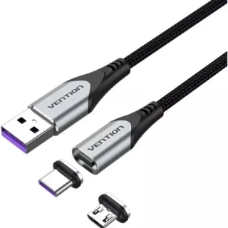 Vention Cable USB 2.0 - Longitud 50cm - USB-A - USB-C y Micro-USB Intercambiables - Velocidad hasta 480Mbps - Recubrimiento de Nailon Trenzado - Color Gris