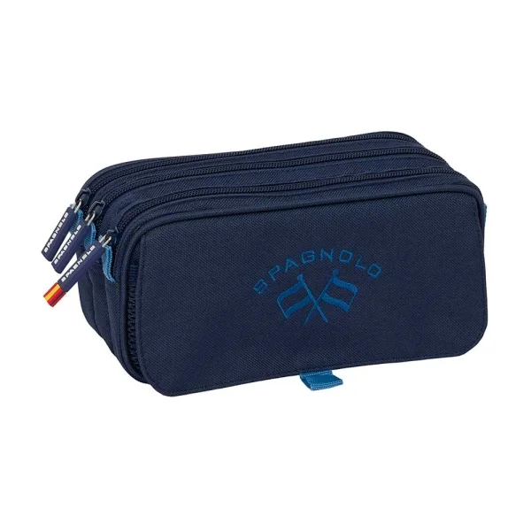 Safta Spagnolo Portatodo - 3 Compartimentos con Cremallera - Cinta Trasera Adaptable - Bolsillo Frontal de Rejilla con Velcro - 21.5x10x8cm - Color Azul Noche
