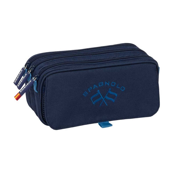 Safta Spagnolo Portatodo - 3 Compartimentos con Cremallera - Cinta Trasera Adaptable - Bolsillo Frontal de Rejilla con Velcro - 21.5x10x8cm - Color Azul Noche