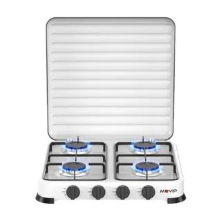 Muvip Vulcano Cocina de Gas con 4 Fuegos - Tapa Protectora - Patas de Goma - Superficie Esmaltada - Quemador Extraible - 47.8x47.8x60cm - Color Blanco