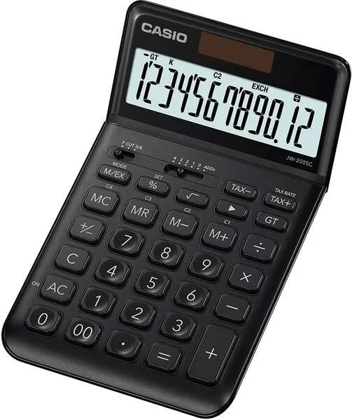 Casio JW-200SC Calculadora de Sobremesa 12 Digitos Inclinacion Ajustable - Simbolos de Comando de Funcion - Memoria Total General e Independiente - Alimentacion Solar y Pilas - Color Negro