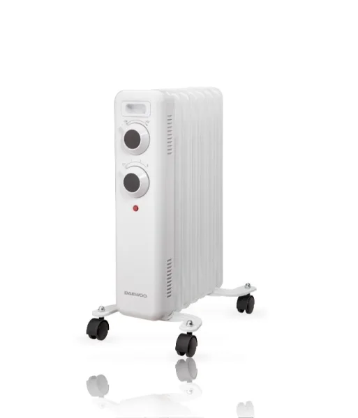 Daewoo DW9502 Radiador de Aceite - Potencia 1500W - 7 Elementos - Termostato Regulable - Ruedas - Asa de Transporte - Indicador Luminoso - Color Blanco