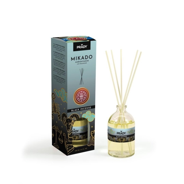 Prady Ambientador Mikado Black Incense - Frasco de Cristal 100 ml y Varitas Difusoras