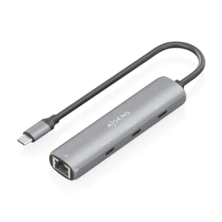 Aisens ASUC-4P041-GR Adaptador de Red USB-C a Ethernet Gigabit + Hub 3xUSB-C - 15cm - Color Gris