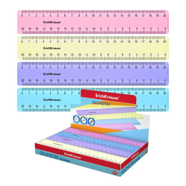 Erichkrause Regla de Plastico 20cm - Escala a Doble Cara - Colores Rosa, Azul, Violeta y Amarillo Pastel · Pack de 44 uds.