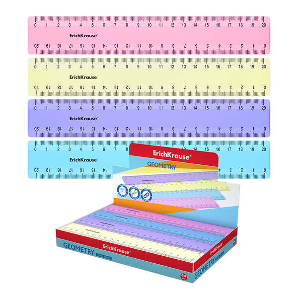 Erichkrause Regla de Plastico 20cm - Escala a Doble Cara - Colores Rosa, Azul, Violeta y Amarillo Pastel · Pack de 44 uds.