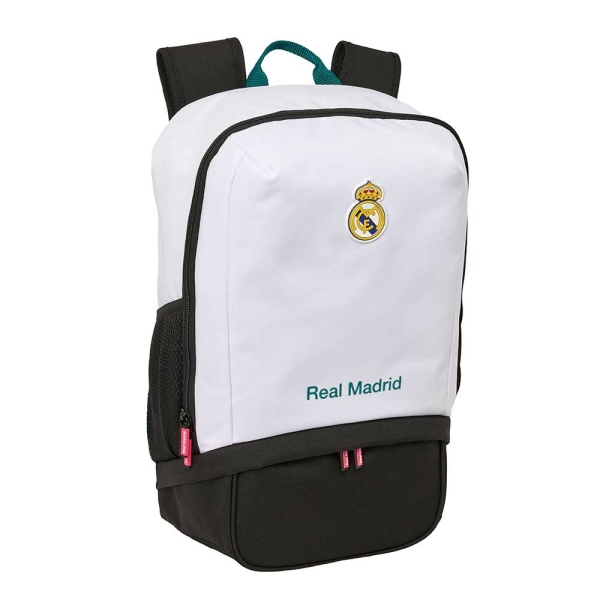Safta Real Madrid Equipacion 26/27 Mochila Zapatillero - Cremallera con Doble Tirador - Bolsillo Interior - Portabotellas - Asa de Mano - 28x51x19cm - Color Blanco y Negro