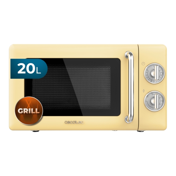 Cecotec Proclean 3110 Retro Yellow Microondas con Grill - 700W - Capacidad 20L - 6 Niveles - Estilo Vintage - Avisador Acustico - Color Amarillo Pastel