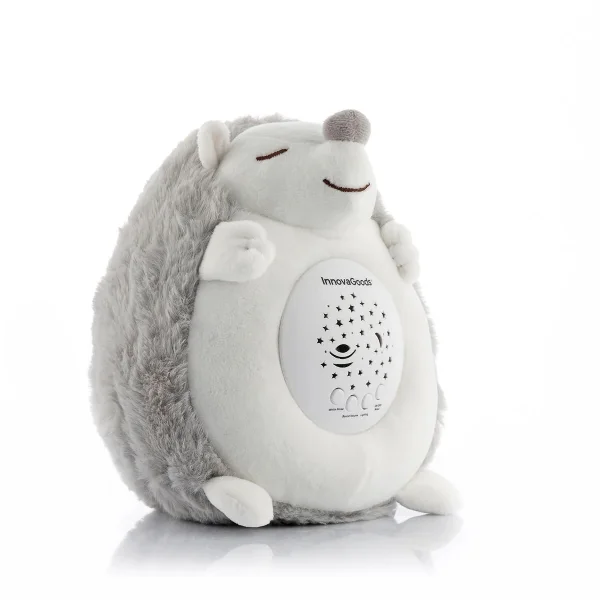 Innovagoods Spikey Erizo de Peluche con Ruido Blanco y Proyector Quitamiedos - Luz LED RGB - Apagado Automatico - Estrellas y Lunas en el Techo - 16x19x15cm - Color Blanco y Gris