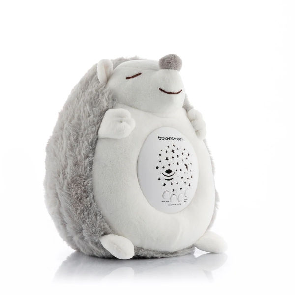 Innovagoods Spikey Erizo de Peluche con Ruido Blanco y Proyector Quitamiedos - Luz LED RGB - Apagado Automatico - Estrellas y Lunas en el Techo - 16x19x15cm - Color Blanco y Gris