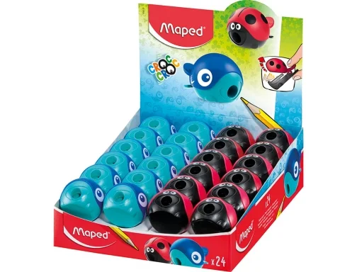 Maped Croc Croc Sacapuntas de 1 Orificio con Deposito - Divertidos Diseños de Mariquita y Ballena · Pack de 24 uds.