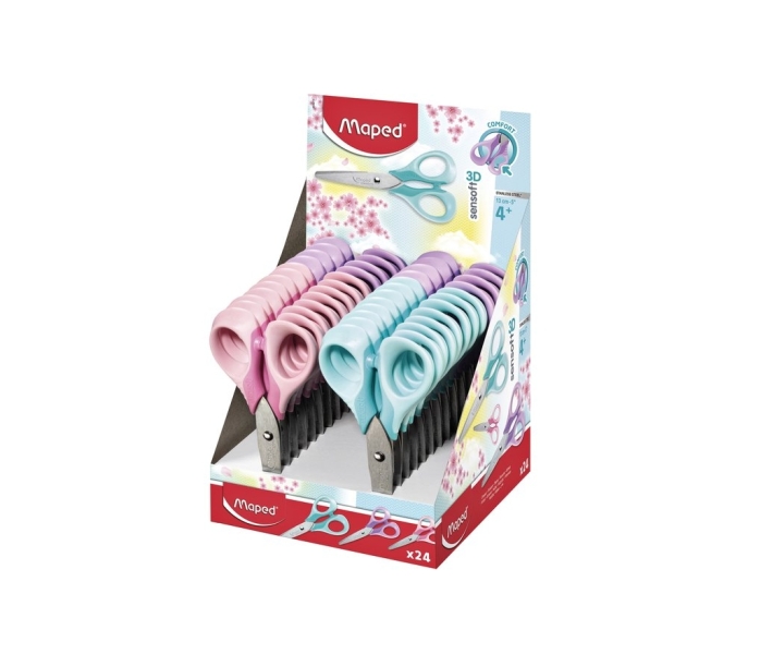 Maped Sensoft Tijera Escolar Punta Redonda 13cm - Hojas de Acero Inoxidable - Mango de Plastico Simetrico - Colores Pastel Surtidos · Pack de 24 uds.