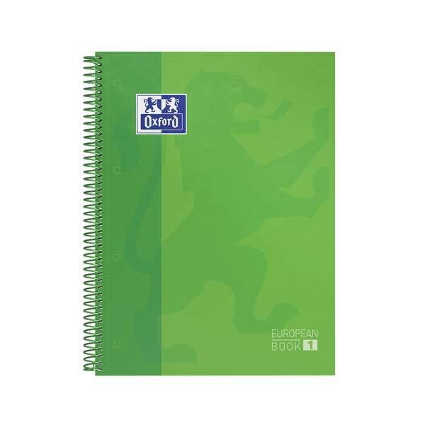 Oxford Europeanbook 1 Cuaderno Espiral Formato A4+ Cuadriculado 5x5mm - 80 Hojas - Banda de Color - Tapa Extradura Brillante - Color Verde Manzana