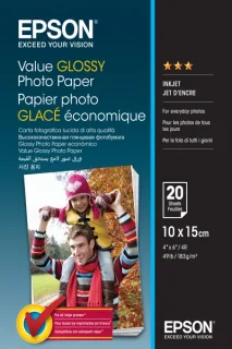 Epson Value Glossy Photo Pack de 20 Hojas de Papel Fotografico - 10x15cm - Gramaje de 183g/m2 - Acabado Brillante - Compatible con Impresoras Inkjet - Color Blanco