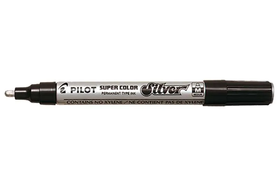 Pilot Super Color Rotulador Permanente Medio - Punta de 4,5mm de Poliacetal - Tinta muy Densa y Opaca - Cuerpo Metalico - Color Plata · Pack de 12 uds.
