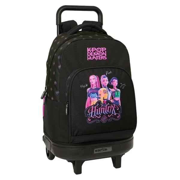 Safta K-Pop Demon Hunters Mochila con Carro - Extraible - 33L - Portabotellas - Tarjeta de Identificacion Personal - Doble Tirador - Asa de Mano - Bolsillo Frontal - 33x45x22cm - Color Negro y Rosa