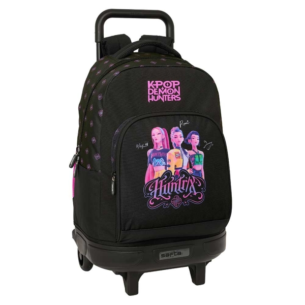 Safta K-Pop Demon Hunters Mochila con Carro - Extraible - 33L - Portabotellas - Tarjeta de Identificacion Personal - Doble Tirador - Asa de Mano - Bolsillo Frontal - 33x45x22cm - Color Negro y Rosa