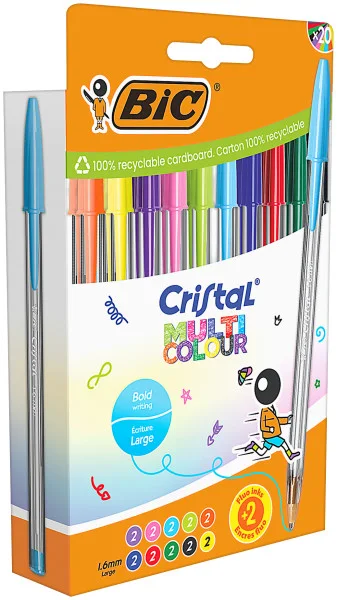 Bic Cristal Multicolour Pack de 20 Boligrafos de Bola - Punta 1.6mm - Trazo 0.42mm - Tinta con Base de Aceite - Colores Surtidos