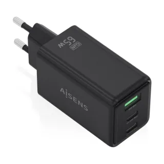 Aisens Cargador GAN 65W - 2xUSB-C PD3.0 QC4.0 y 1xUSB-A QC3.0 - Color Negro