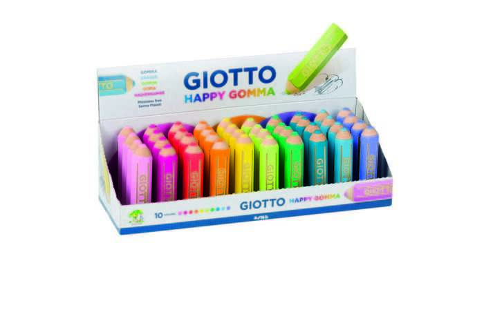 Giotto Happy Gomma Goma de Borrar - Forma de Lapiz - Para Borrar Grafito - Colores Fluo Surtidos · Pack de 40 uds.