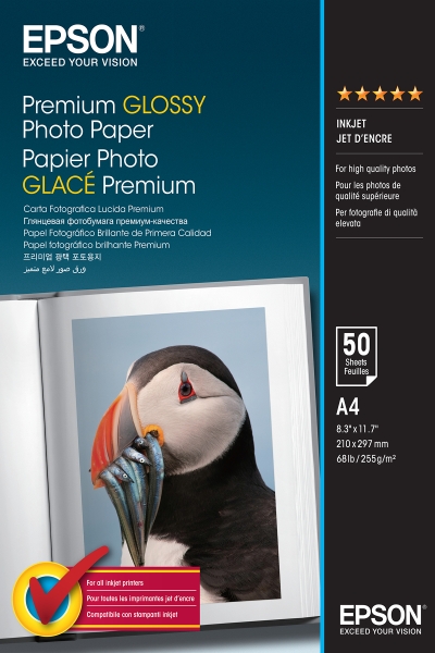 Epson Premium Glossy Photo Pack de 50 Hojas de Papel Fotografico - A4 - Gramaje de 255g/m2 - Acabado Brillante - Compatible con Impresoras Inkjet - Color Blanco
