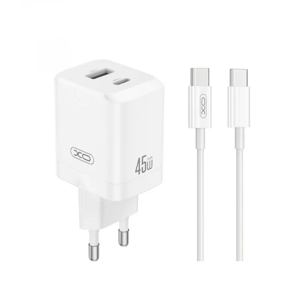 XO CE36 Cargador de Pared - USB-C 45W - USB-A 18W - Power Delivery - Quick Charge - Cable USB-C Incluido - Policarbonato - Resistente al Calor - Color Blanco