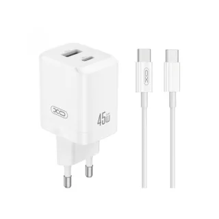 XO CE36 Cargador de Pared - USB-C 45W - USB-A 18W - Power Delivery - Quick Charge - Cable USB-C Incluido - Policarbonato - Resistente al Calor - Color Blanco