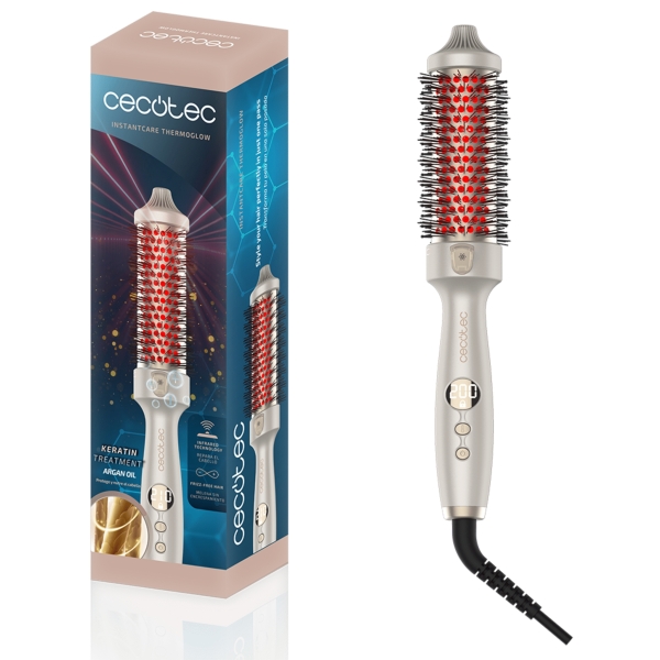 Cecotec InstantCare ThermoGlow Cepillo Alisador - Tecnologia de Infrarrojos - 5 Temperaturas Ajustables - Barril de 38mm - Funcion Memoria - Pantalla Digital - Apagado Automatico - Color Bla