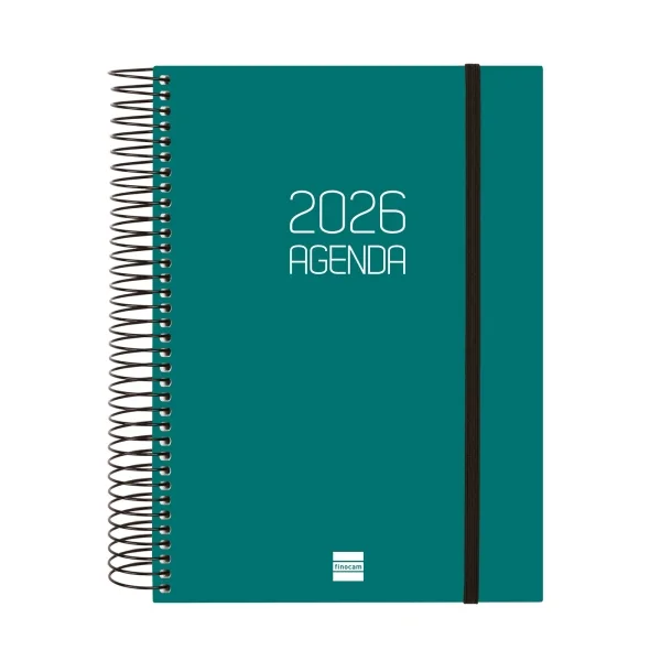 Finocam Opaque Agenda de Espiral en Catalan - Anual 2026 - Tapa Ligera - Cierre con Goma Elastica - Formato E10 - 175x29x212mm - 1 Dia por Pagina - Color Verde