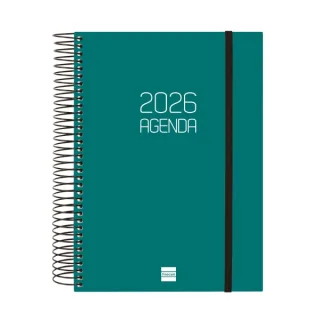 Finocam Opaque Agenda de Espiral en Catalan - Anual 2026 - Tapa Ligera - Cierre con Goma Elastica - Formato E10 - 175x29x212mm - 1 Dia por Pagina - Color Verde