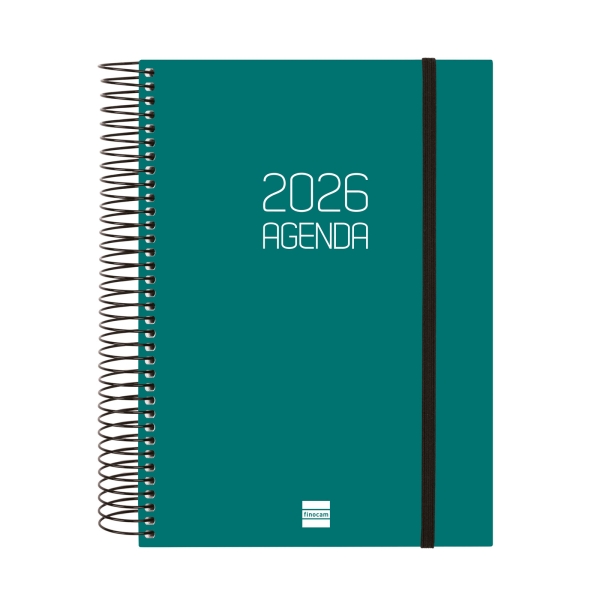 Finocam Opaque Agenda de Espiral en Catalan - Anual 2026 - Tapa Ligera - Cierre con Goma Elastica - Formato E10 - 175x29x212mm - 1 Dia por Pagina - Color Verde