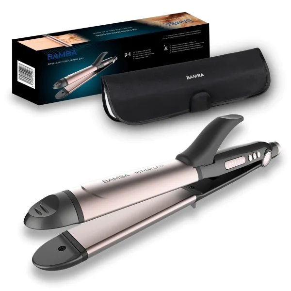 Cecotec Bamba RitualCare 1000 Ceramic Plancha de Pelo 2 en 1 - Alisa y Riza Cabello - Temperatura de 120 a 220°C - Funcion Autoapagado 60min - Estuche Termico Incluido - Color Negro y Rosa