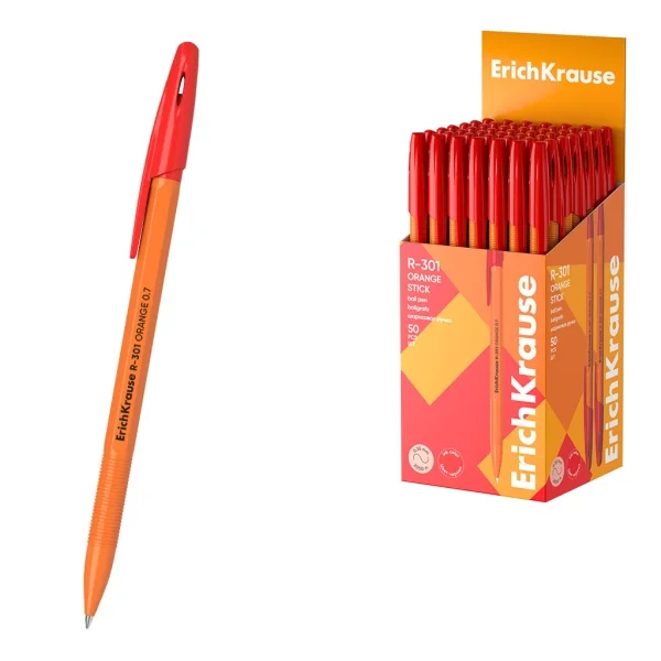 ErichKrause R-301 Stick Orange Boligrafo con Capuchon - Punta de 0.7mm - Cuerpo Opaco Naranja - Trazo 0.35mm - Color Rojo · Pack de 50 uds.