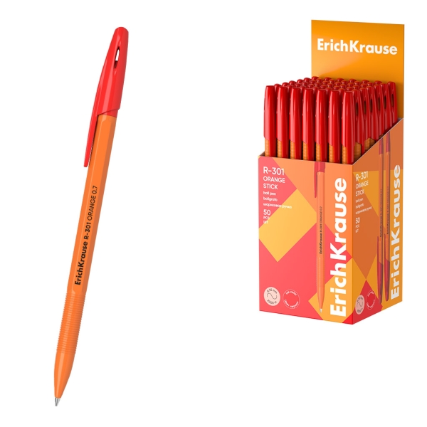 ErichKrause R-301 Stick Orange Boligrafo con Capuchon - Punta de 0.7mm - Cuerpo Opaco Naranja - Trazo 0.35mm - Color Rojo · Pack de 50 uds.