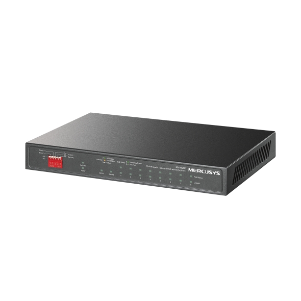 Mercusys MS110GMP Switch 10 Puertos Gigabit RJ45 10/100/1000Mbps - 8 Puertos Gigabit PoE+ y 2 Puertos Gigabit Uplink - Plug & Play - Diseño Metalico - Color Negro