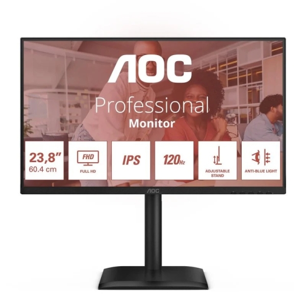 AOC Monitor 23.8" LED IPS FullHD 120Hz - Respuesta 4ms - Ajustable en Altura, Giratorio e Inclinable - Altavoces 4W - USB, HDMI, DisplayPort, VGA, Audio - VESA 100x100