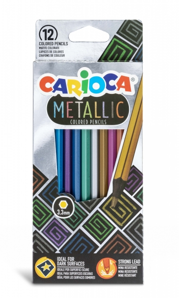 Carioca Metallic Pack de 12 Lapices Hexagonales Metalicos - Colores Cubrientes - Ideales para Superficies Oscuras - Mina Premium de Ø 3.3mm Resistente a las Caidas - Faciles de Afilar - Colo