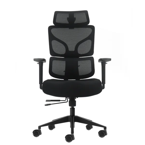 Oqonos Cherg 010 Silla de Oficina Ergonomica con Reposacabezas Cervical Ajustable, Respaldo y Asiento de Malla Elastica, Reposabrazos 4D, Asiento Deslizable Ergonomico Moldeado y Ruedas de Silicona - Negro