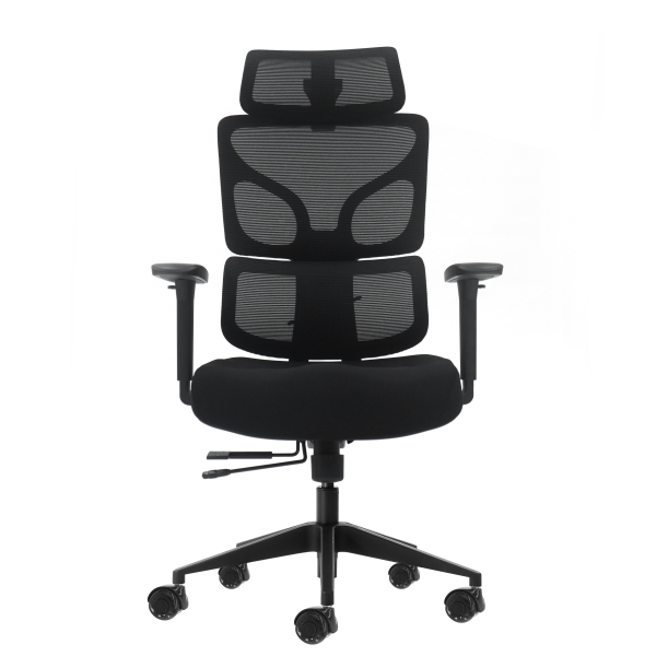 Oqonos Cherg 010 Silla de Oficina Ergonomica con Reposacabezas Cervical Ajustable, Respaldo y Asiento de Malla Elastica, Reposabrazos 4D, Asiento Deslizable Ergonomico Moldeado y Ruedas de Silicona - Negro