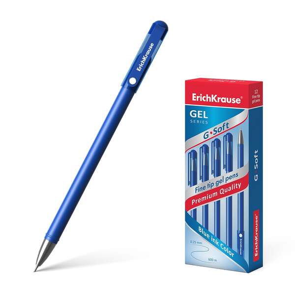 Erichkrause Boligrafo de Gel G-Soft - Revestimiento Soft Touch - Punta Fina de Tipo Aguja - Tinta de Secado Rapido - Color Azul · Pack de 12 uds.